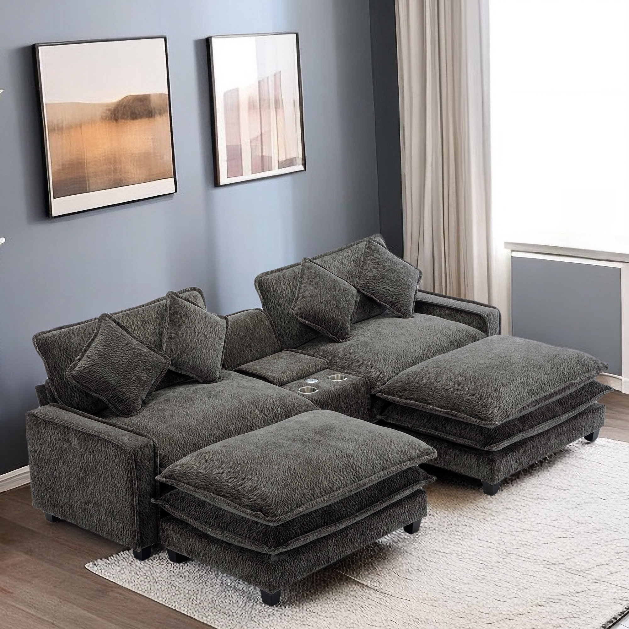 Hokku Designs Zayshaun Sofa with Two Ottomans, Cup Holders, USB Ports and Storage Console | Wayfair Hokku Designs Zayshaun Sofa with Two Ottomans, Cup Holders, USB Ports and Storage Console | Wayfair